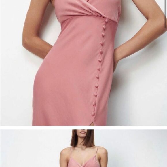 ZARA Silk Light Pink Midi Dress With Slit and buttons size medium - Picture 8 of 15